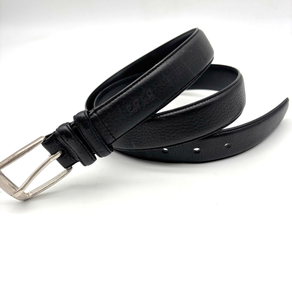 Vintage 90s Y2K POLO Ralph Lauren Black Pebble Leather Brass Buckle Belt 38